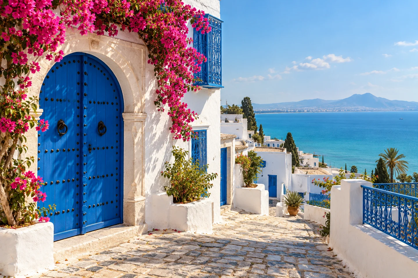 Illustration inspirée de Sidi Bou Saïd : porte bleue, maisons blanches et Méditerranée